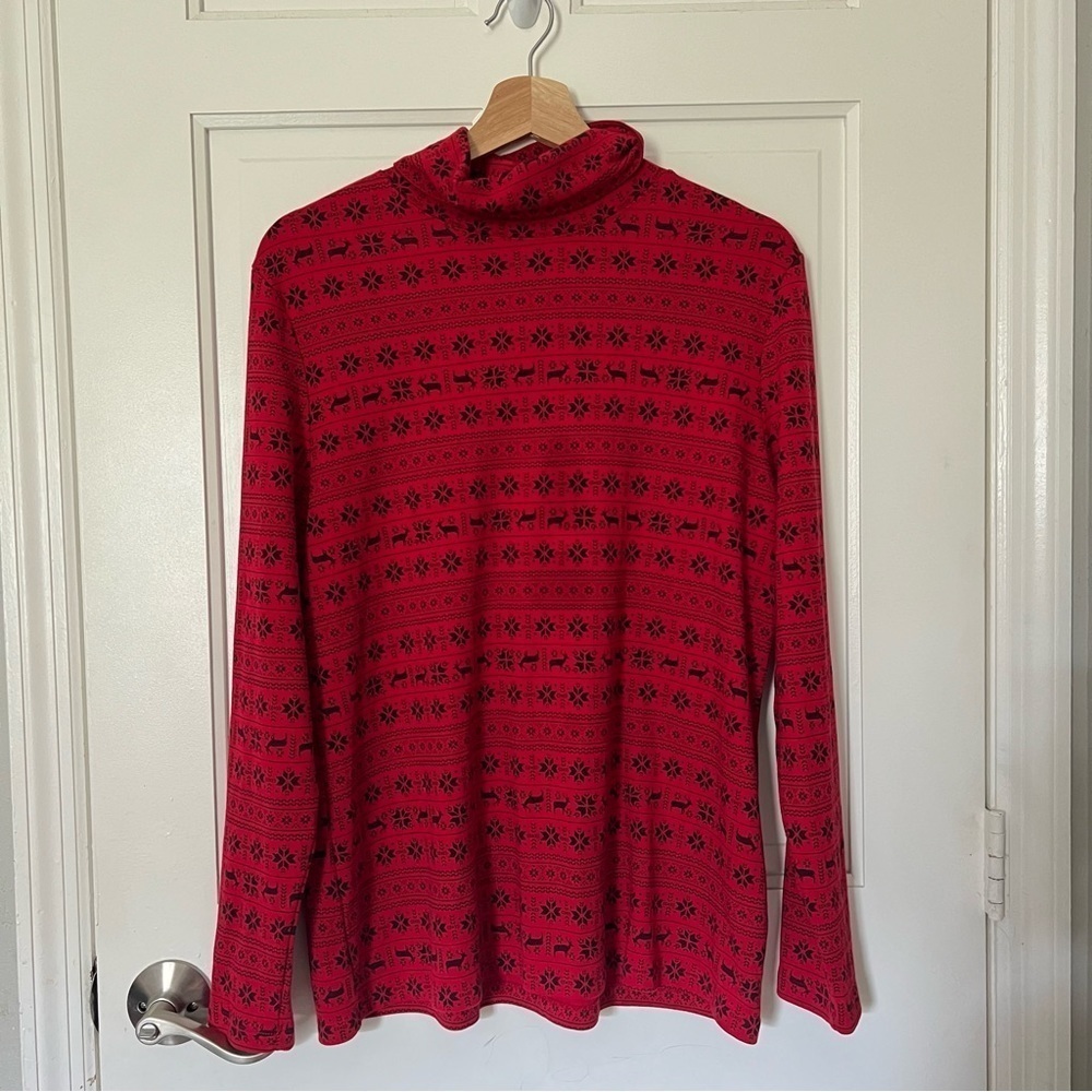 Karen Scott Holiday printed mock neck top red black reindeer size XL